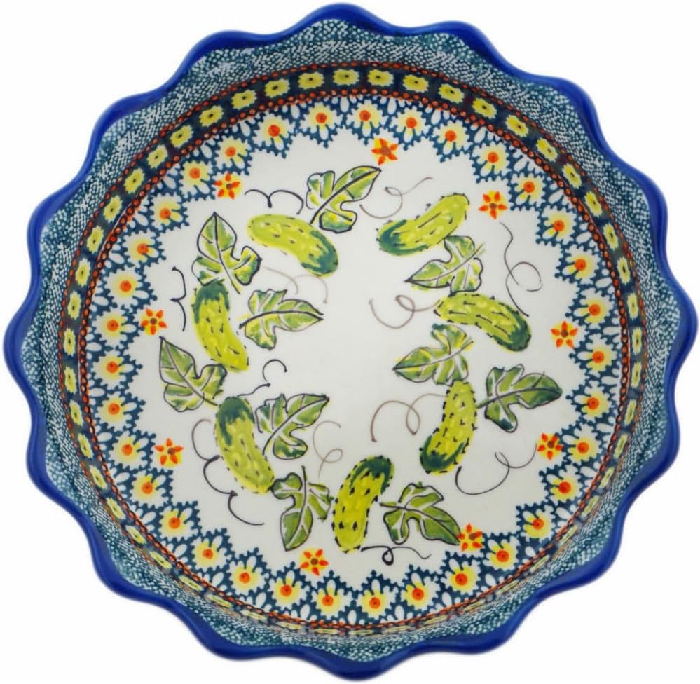 Polmedia Polish Pottery Fluted Pie Dish - Cucumber Patch Pattern Handmade in Boleslawiec Poland + Certificate of Authenticity
