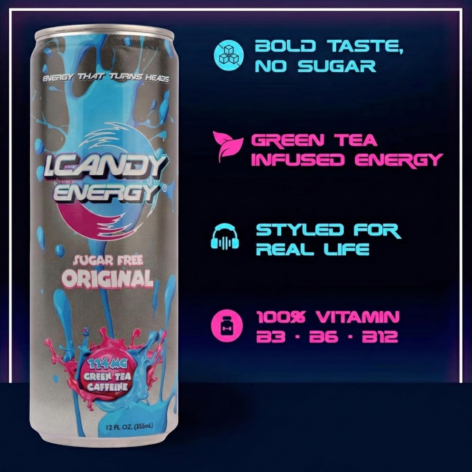 I.CANDY Sugar Free Energy Drink 24 Pack 12 oz Cans, Zero Sugar Energy Drinks Bulk Case, Zero Calorie, 114mg Caffeine, No Crash Clean Energy