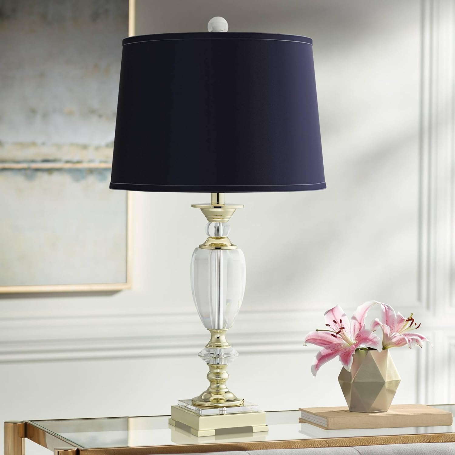 Vienna Full Spectrum Traditional European Style Table Lamp 28.75" Tall Brass Faceted Clear Crystal Urn Navy Blue Hardback Drum Shade for Living Room Bedroom Bedside Nightstand Office Family