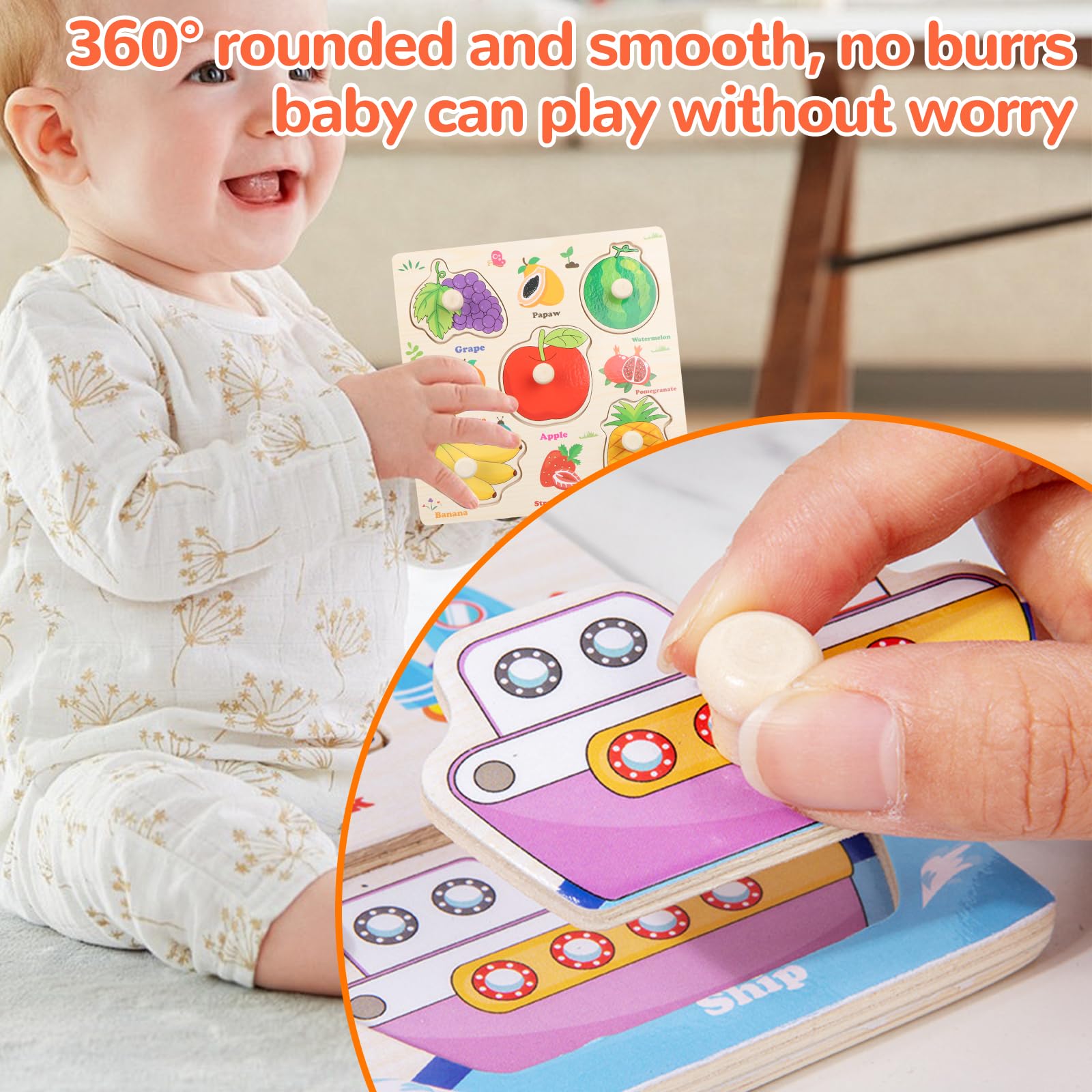 6 Pièces Puzzle Bois avec Poignée - Apprentissage Précoce Puzzle Encastrement éducatif Montessori pour Garçons Filles- Puzzles Encastrable Vehicule Ferme Fruits Animaux Marins Insectes