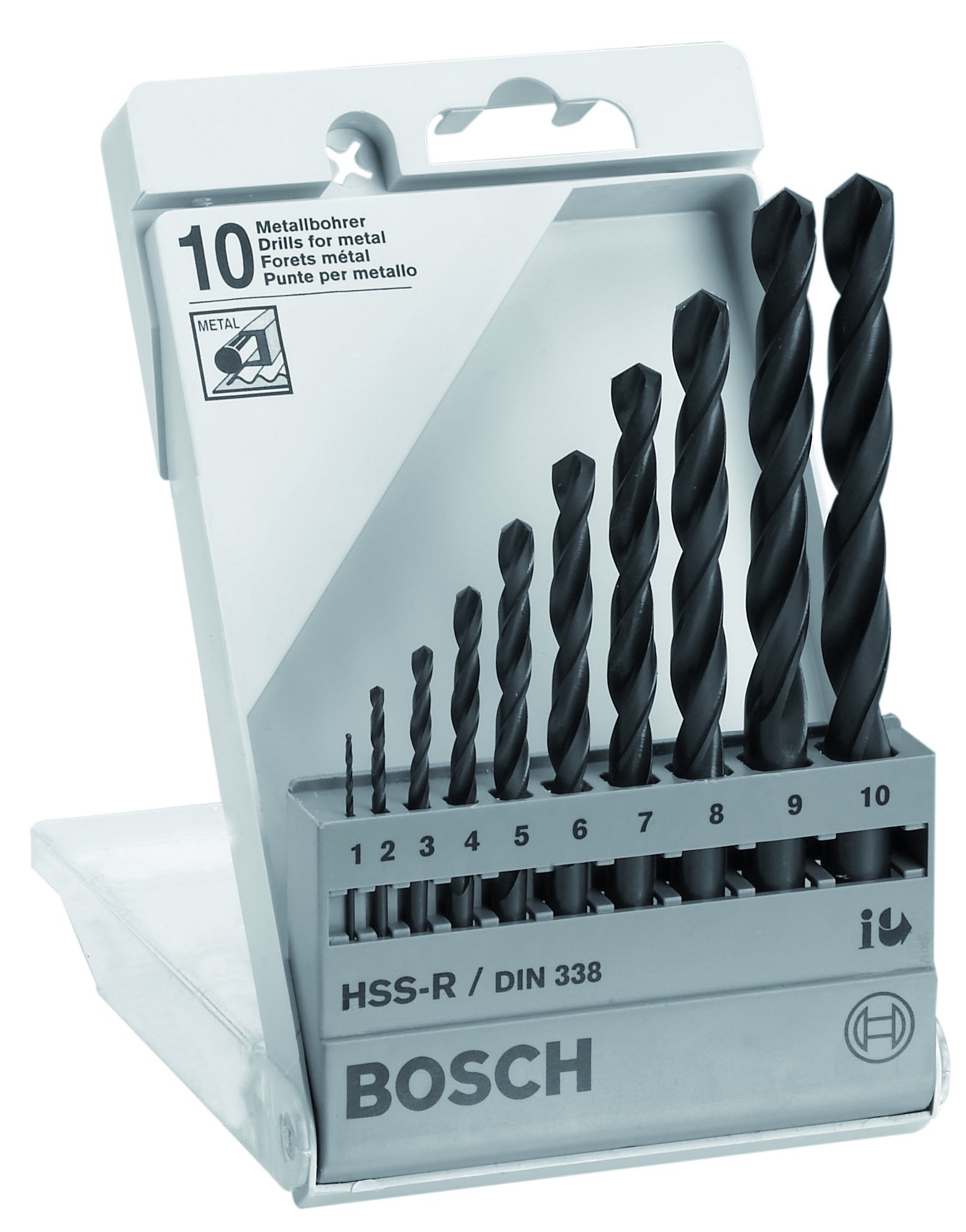 Bosch 1609200203 Coffret de forets à métaux laminé HSS-R DIN 338 Ø 1/2/3/4/5/6/7/8/9/10 mm 10 pièces