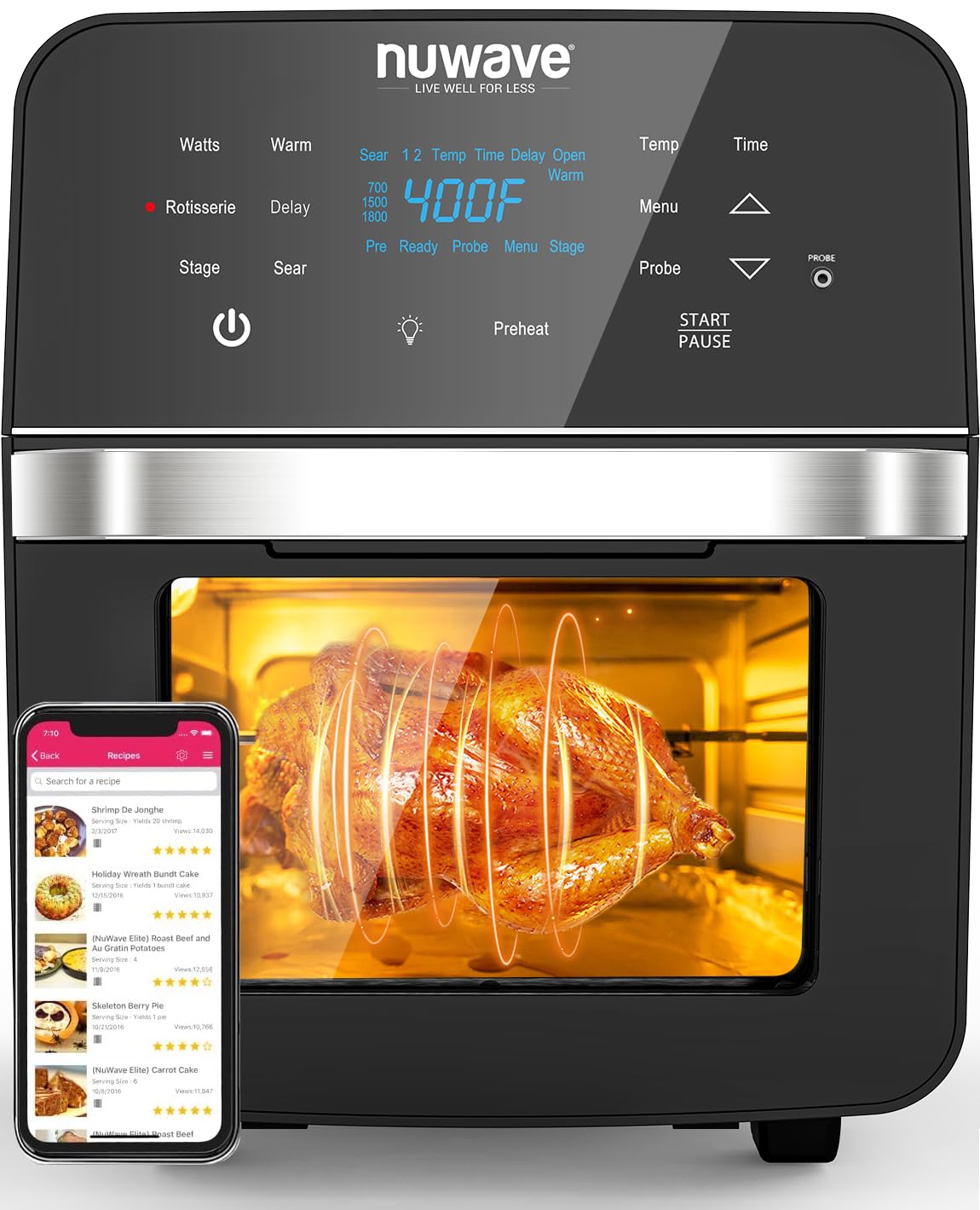 Nuwave Brio Air Fryer Oven 15 5Qt X-Large Family Size SS Rotisserie Basket -Skewer Kit Powerful 1800W 50F-425F