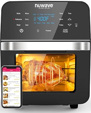 Nuwave Brio Air Fryer Oven 15 5Qt X-Large Family Size SS Rotisserie Basket -Skewer Kit Powerful 1800W 50F-425F