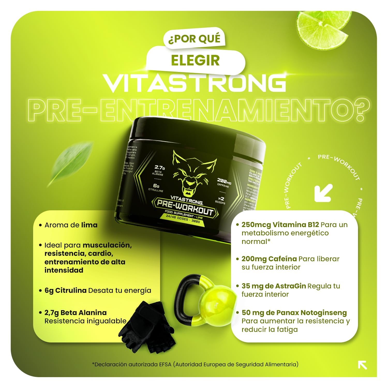 Vitastrong Pre Entreno Fuerte Vegano Sabor Lima 300g con Vitamina B12