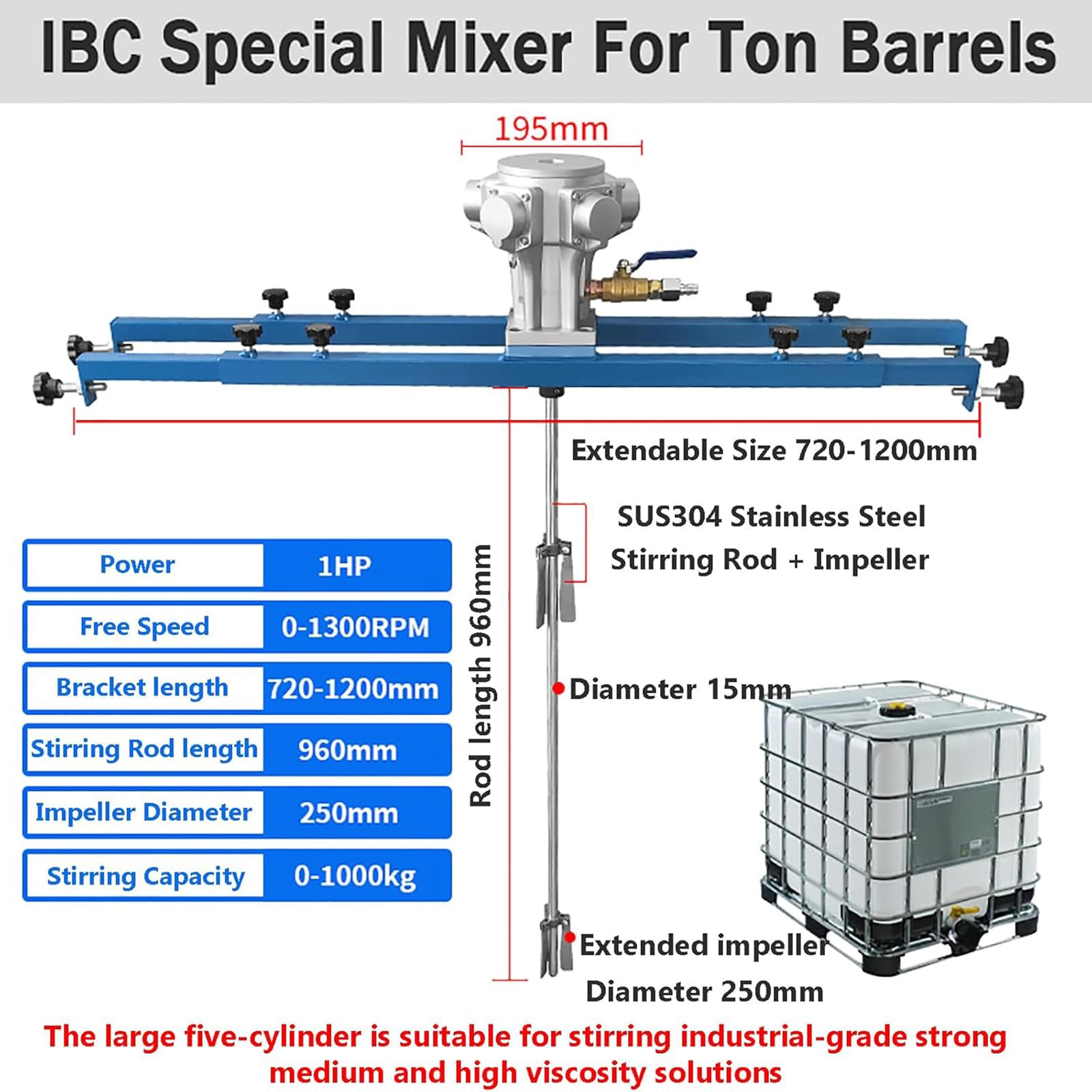 Agitador Neumático para Tanques IBC De 1000 L/1 Tonelada, Mezclador Neumático De Tanques De 1 HP, Impulsor De 250 Mm De Diámetro, Mezclador De Pintura De 265 Galones, para Tinta Y Pintura.