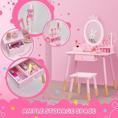 Miniatura 4 de Juego de tocador para niños con espejo iluminado, juego de tocador de maquillaje de princesa y taburete con estante de almacenamiento de joyas y
