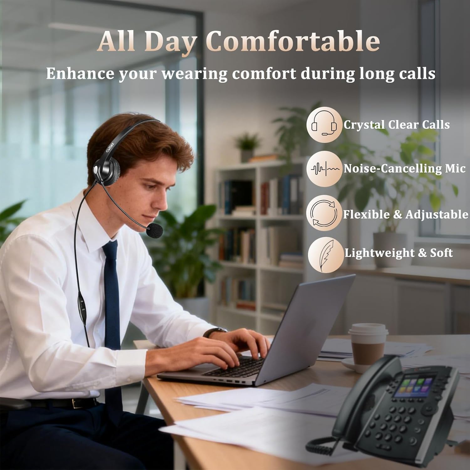 Callez RJ9 Polycom Phone Headset with Noise Cancelling Mic & Volume Controls, Telephone Headset for Office Compatible with Polycom VVX250 VVX400 VVX410 VVX411 VVX311 VVX500 VVX601 Landline Phones