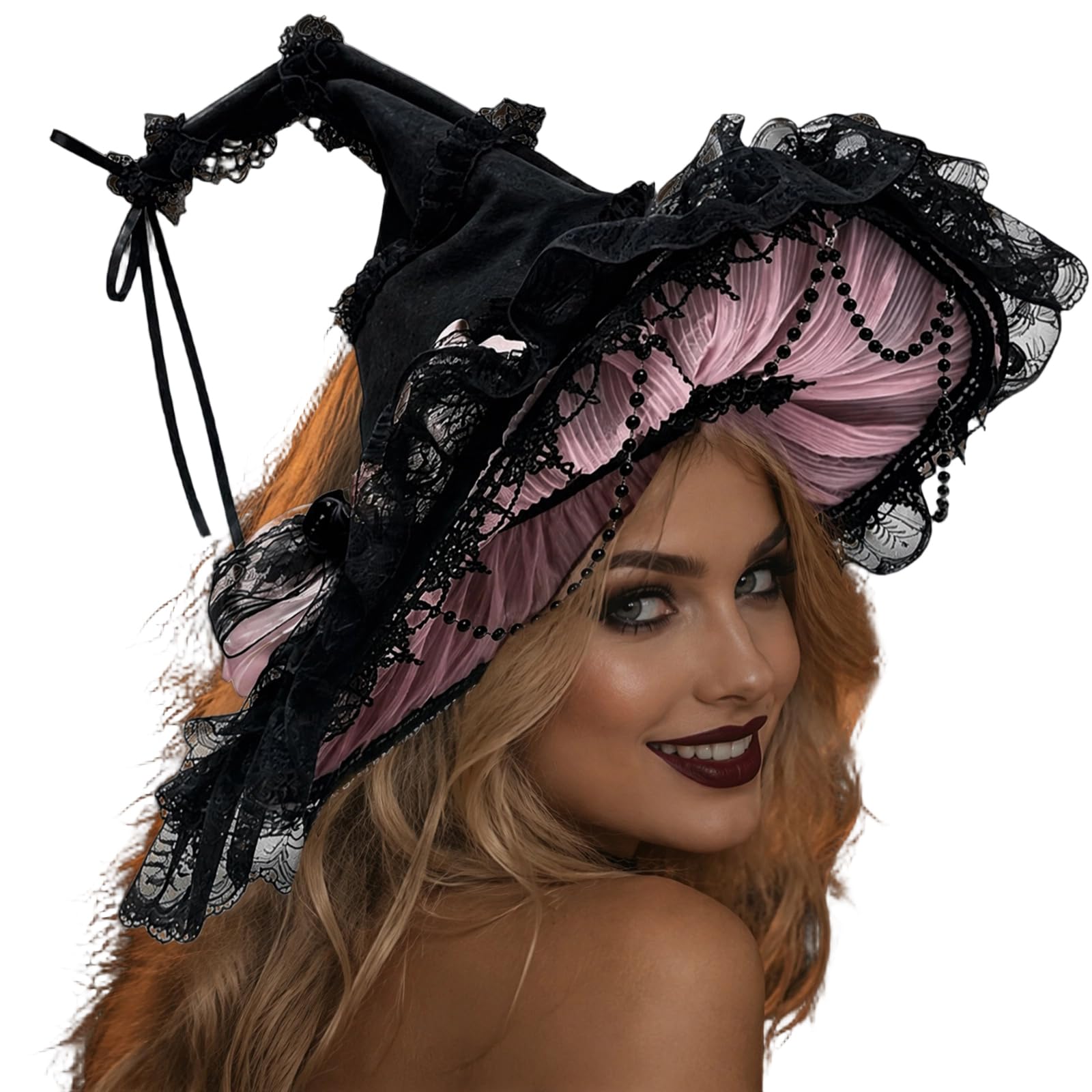 Cappello da strega Halloween a tesa larga in pizzo con fiocco