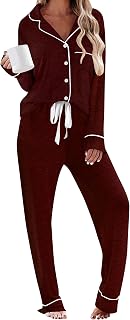 HNG Pajamas For Women Set 2 Piece Pjs Set Long Sleeve Button Up Lounge Set Sleep Wear With Pockets