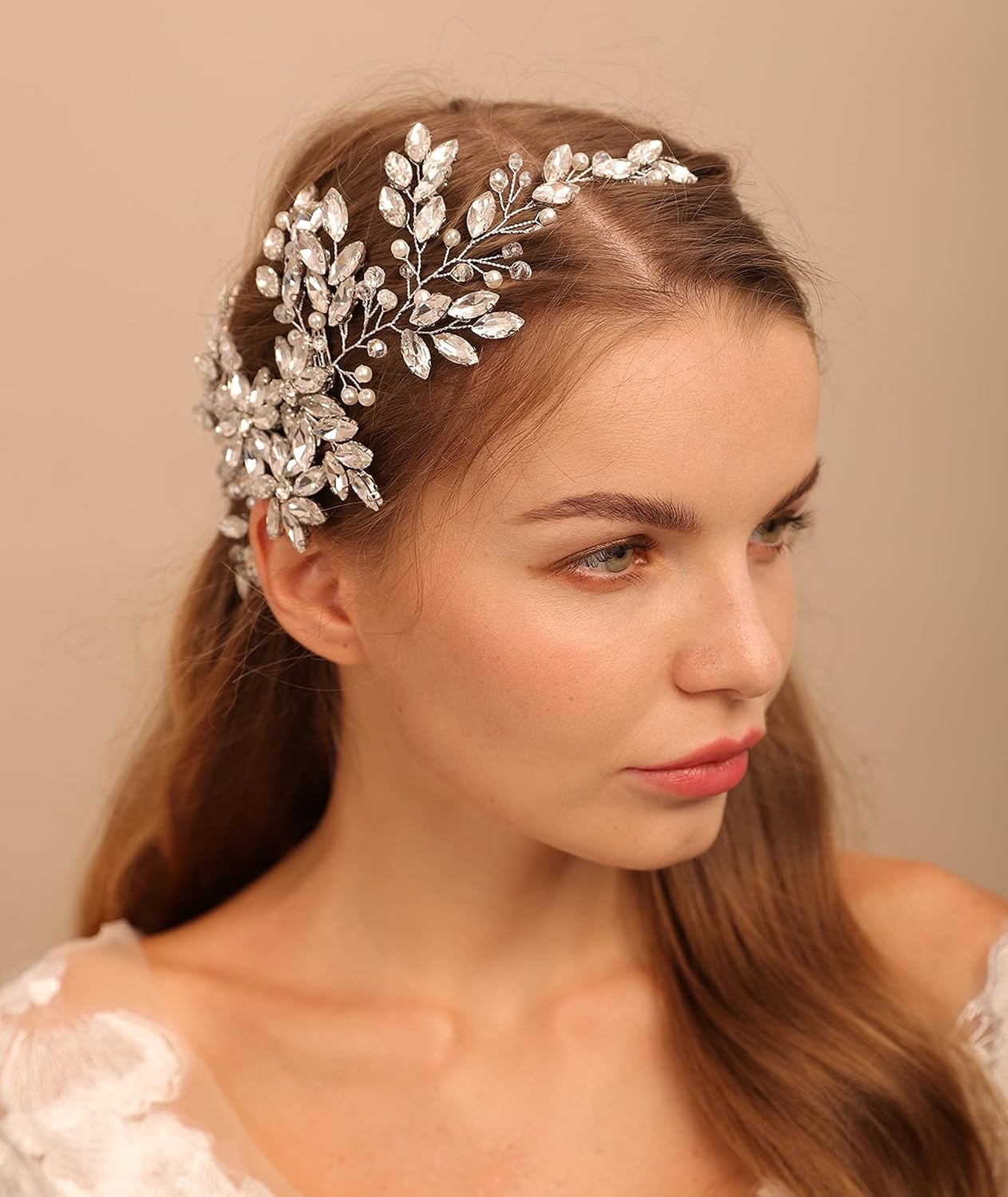 Rhinestone Crystal Flower Hair Comb with Headpiece for Bride, Wedding and Women Girls Silver