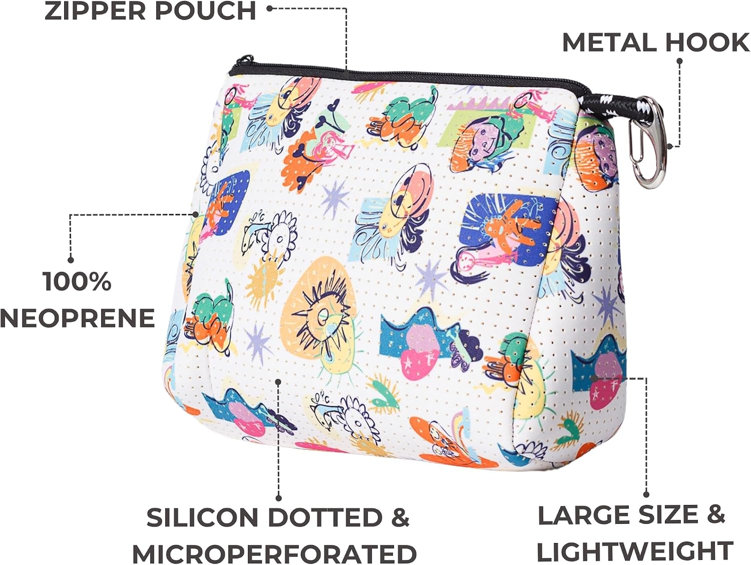 POPUPS Large Makeup Bag with Zipper - Waterproof Neoprene Cosmetic Bag 7.7 x 10.75 x 5 inches