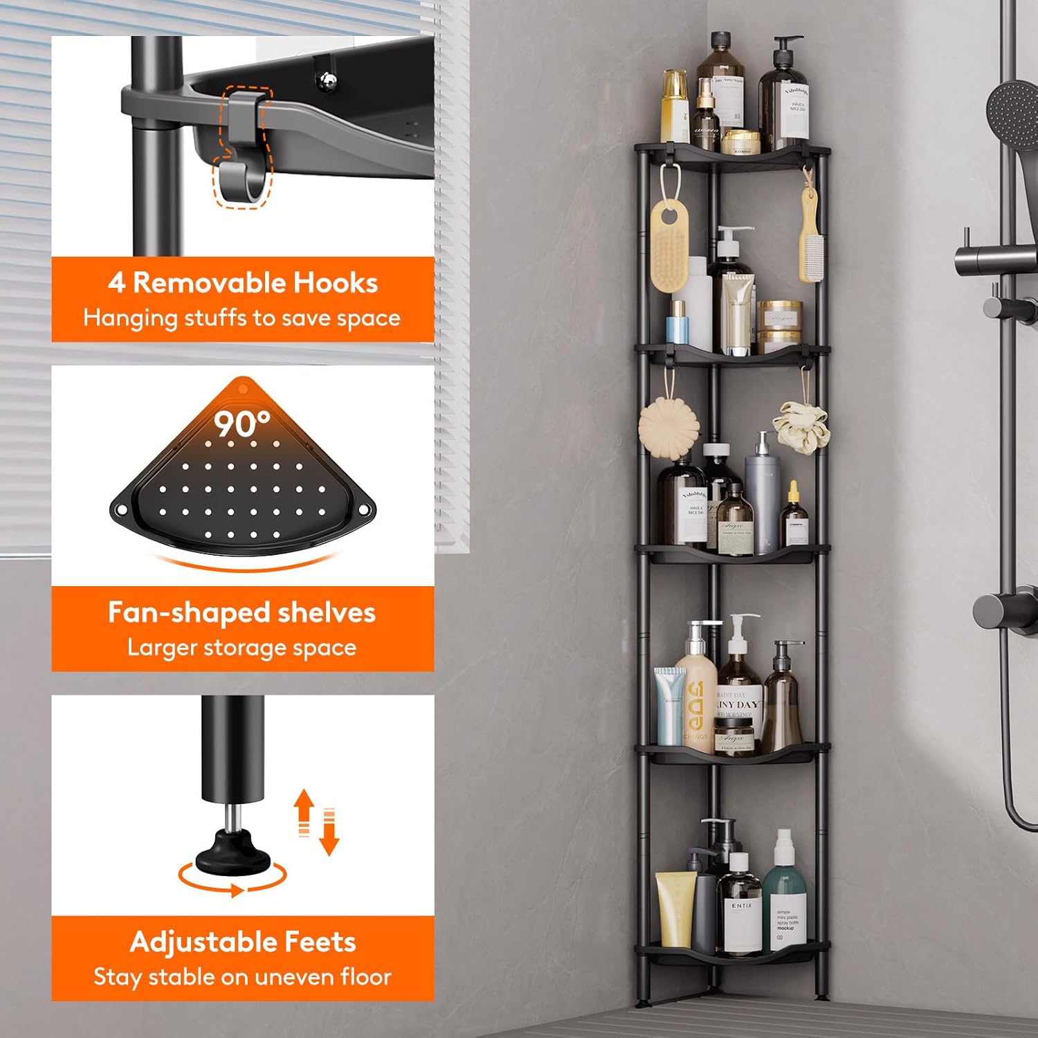 Lifewit 5 Tier Floor Standing Shower Caddy Corner, Plastic Bathroom Organizer Shelf Rack for Storage Shampoo, Body Wash Care, Skincare, Black