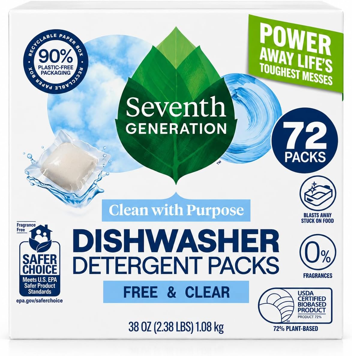 Seventh Generation Free & Clear Dishwasher Detergent Packs, 72 Count