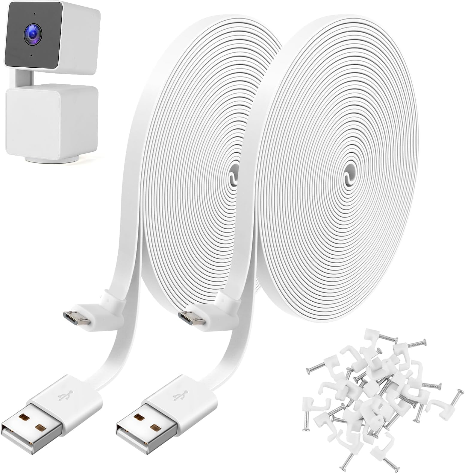 Uogw 2 Pack 20FT Power Cable Compatible with WYZE Cam Pan V3, USB to 90 Degree Micro USB Extension Cable for WYZE Cam Pan V3,L-Shaped Flat Power Cord (White)