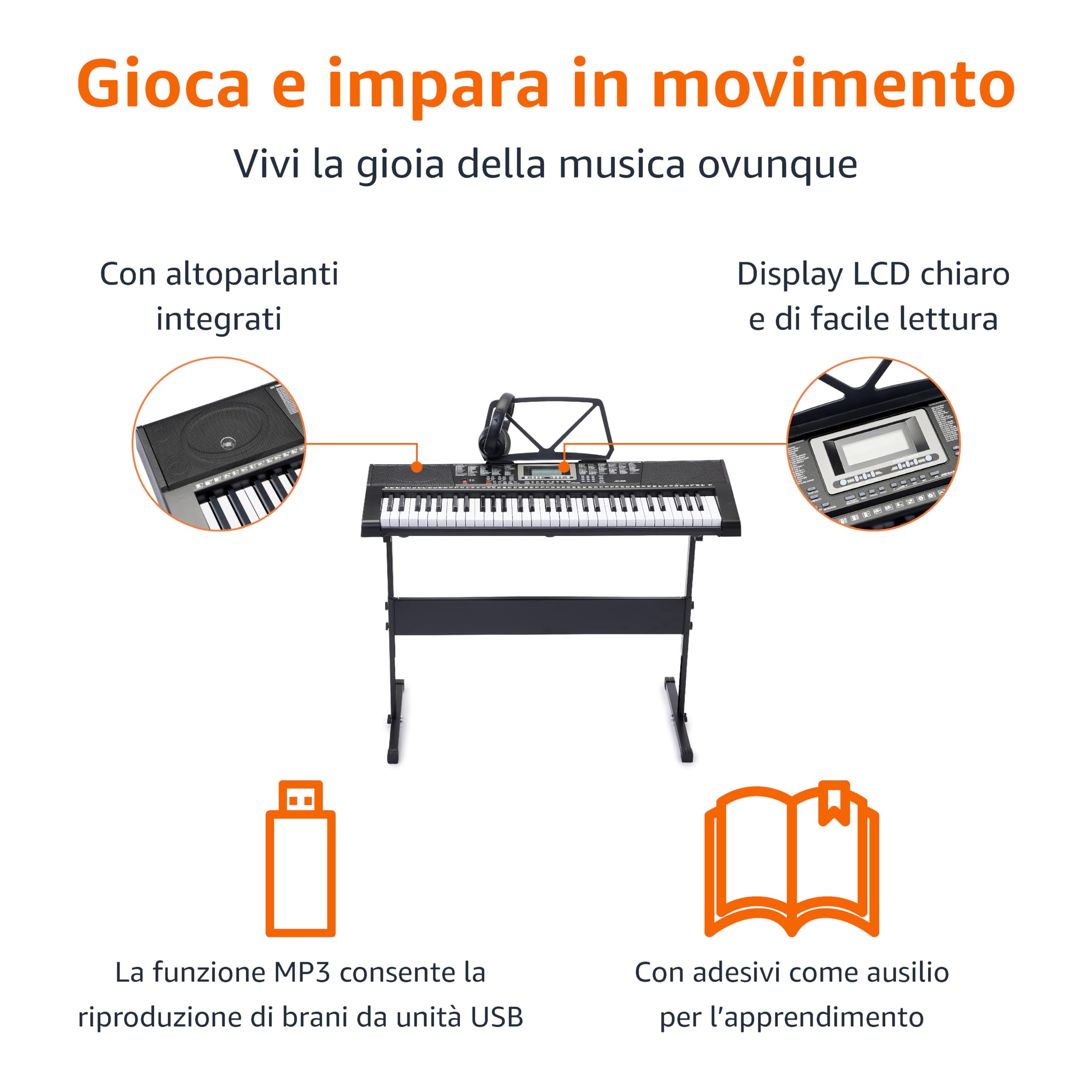Amazon Basics Pianoforte Digitale Portatile a 61 Tasti per Principianti, Altoparlanti Integrati, 255 Timbri e Ritmi, 50 Canzoni Demo, Leggio e Cuffie Inclusi - Nero