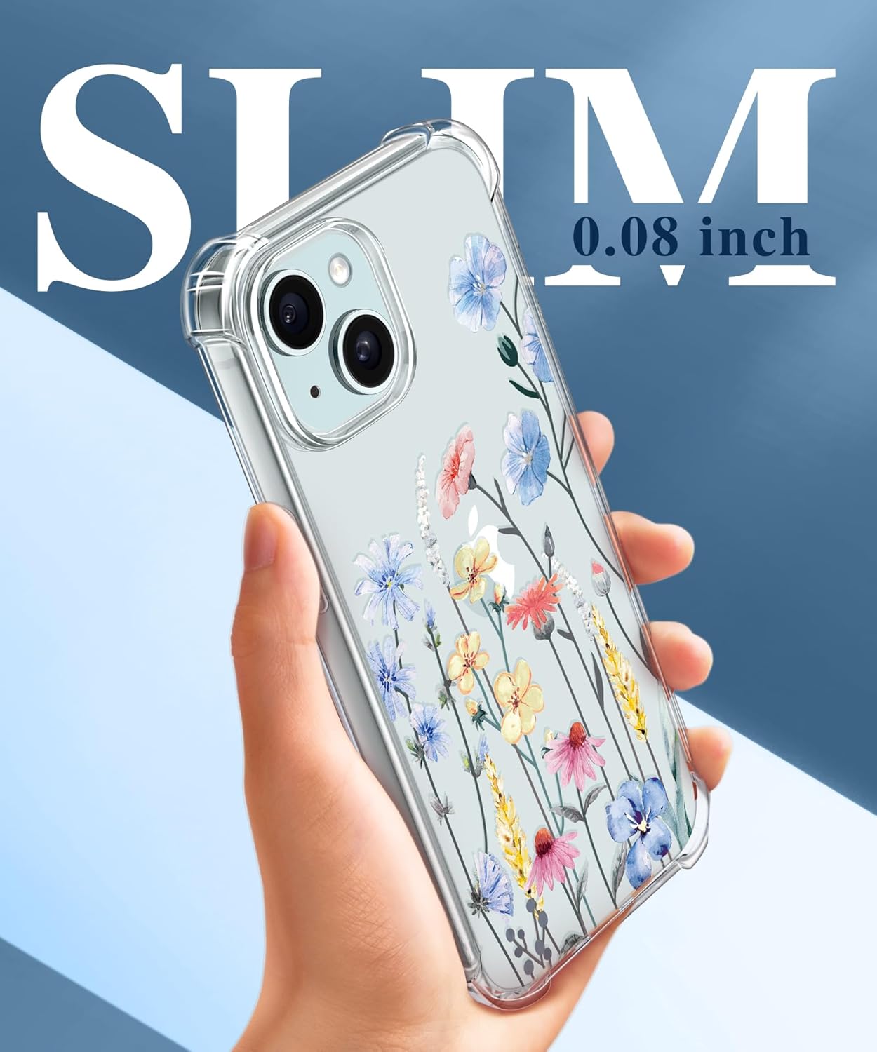 GVIEWIN for iPhone 15 Case Floral, with Screen Protector&Camera Lens Protector,[Non Yellowing] Soft Shockproof Clear Phone Protective Cover for Women, Flower Pattern Design 6.1" (Aconite/Light Blue) - Image 6