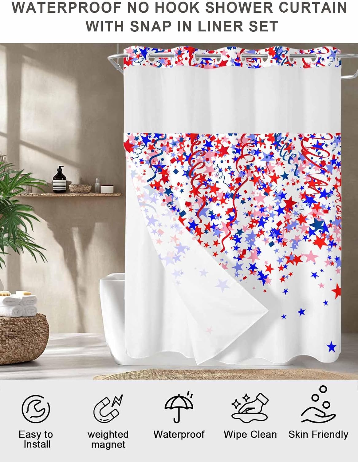 No Hook Shower Curtain with Snap in Liner, Independence Day Red Blue Stars Waterproof Bath Curtain Double Layers with See Through Top Window, American Patriotic Star Hotel Shower Curtains