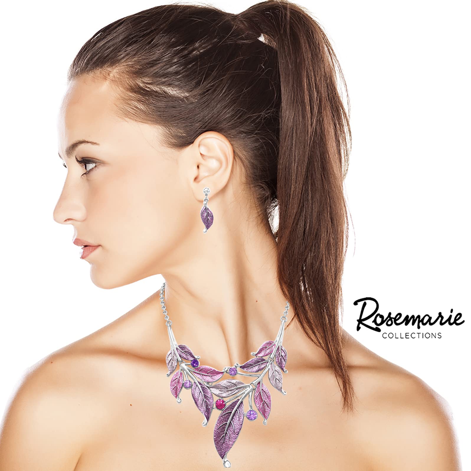 Rosemarie Collections UnbeLeafable - Parure composta da collana e orecchini da donna con strass e foglie di vite, 35,6 cm + 7,6 cm di estensione