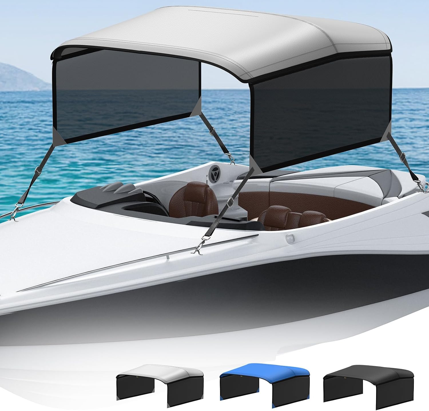 KAKIT 3 4 Bow Bimini Top Replacement Cover, 900D Oxford Bimini Tops for Boats with 2 Mesh Sidewalls, 2 Straps and Storage Boot Easy Install Zipper Closure, Replacement Boat Canopy Sun Shade No Frame