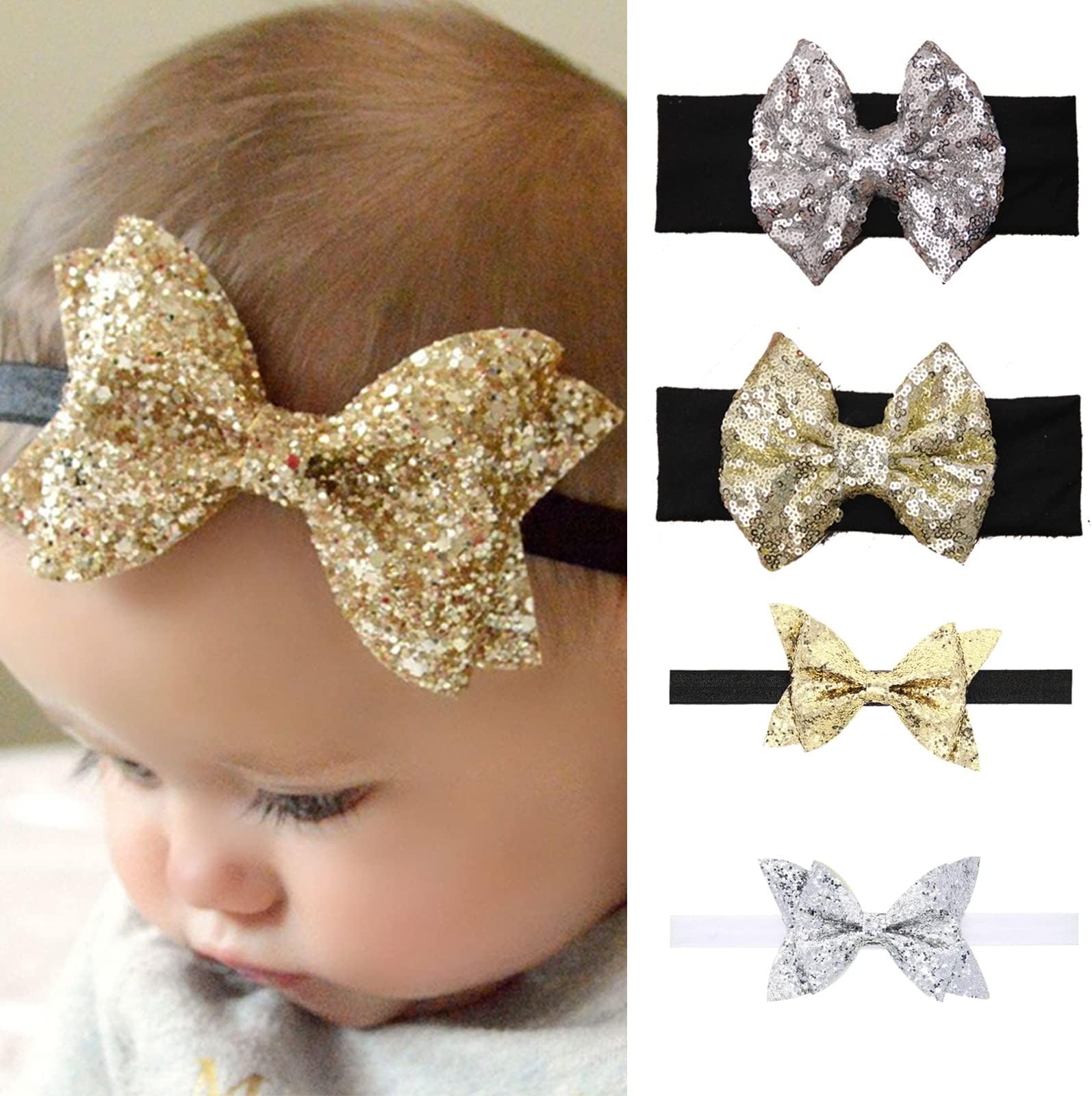 4Pack Baby Girl Sparkling Hair Accessories Black Gold Sequin Bow Baby Girl Headbands Elastic Gold Silver Infant Baby Headbands Birthday New Year Party Headwear Set