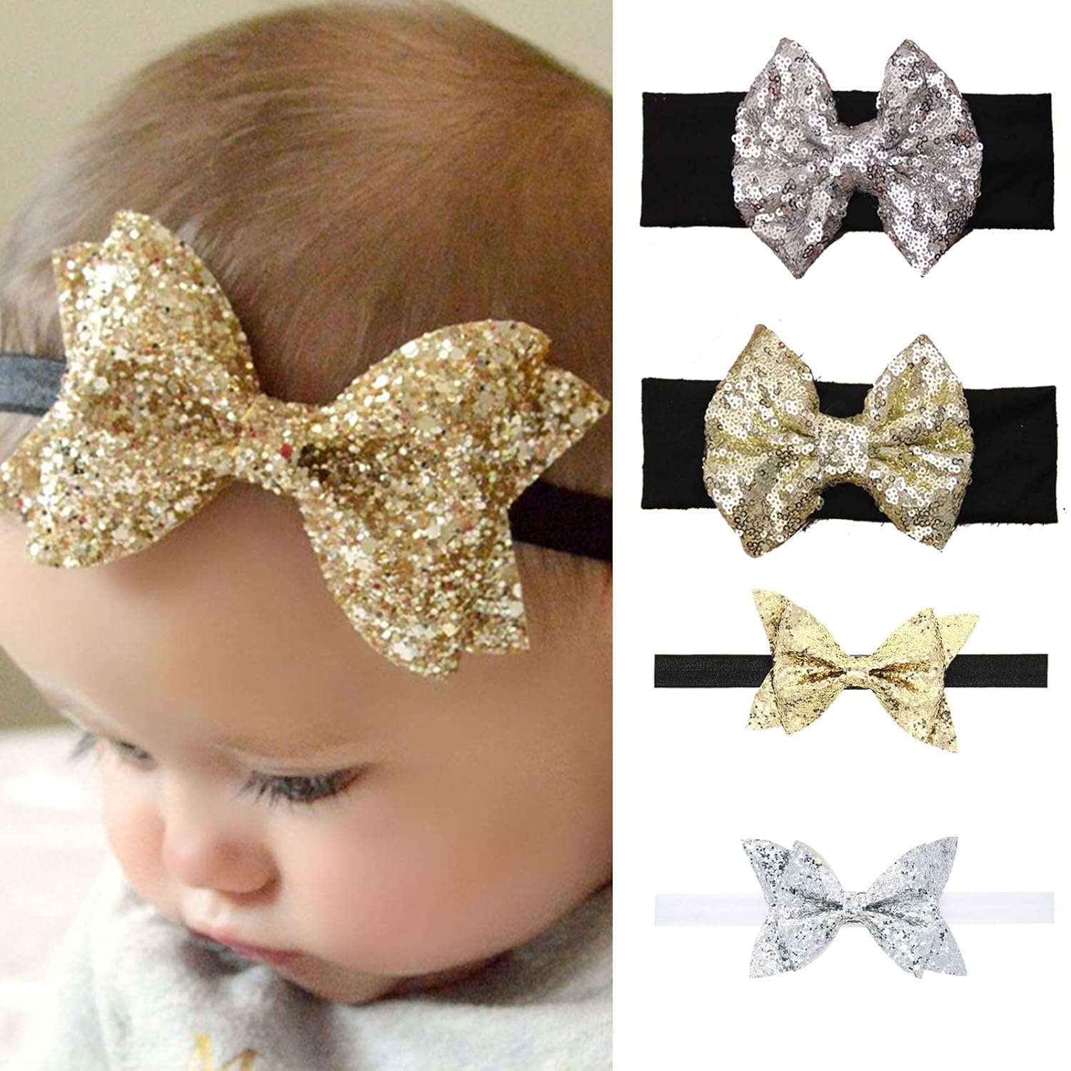 4Pack Baby Girl Sparkling Hair Accessories Black Gold Sequin Bow Baby Girl Headbands Elastic Gold Silver Infant Baby Headbands Birthday New Year Party Headwear Set 4Pack Baby Girl Sparkling Hair Accessories Black Gold Sequin Bow Baby Girl Headbands Elastic Gold Silver Infant Baby Headbands Birthday New Year Party Headwear Set