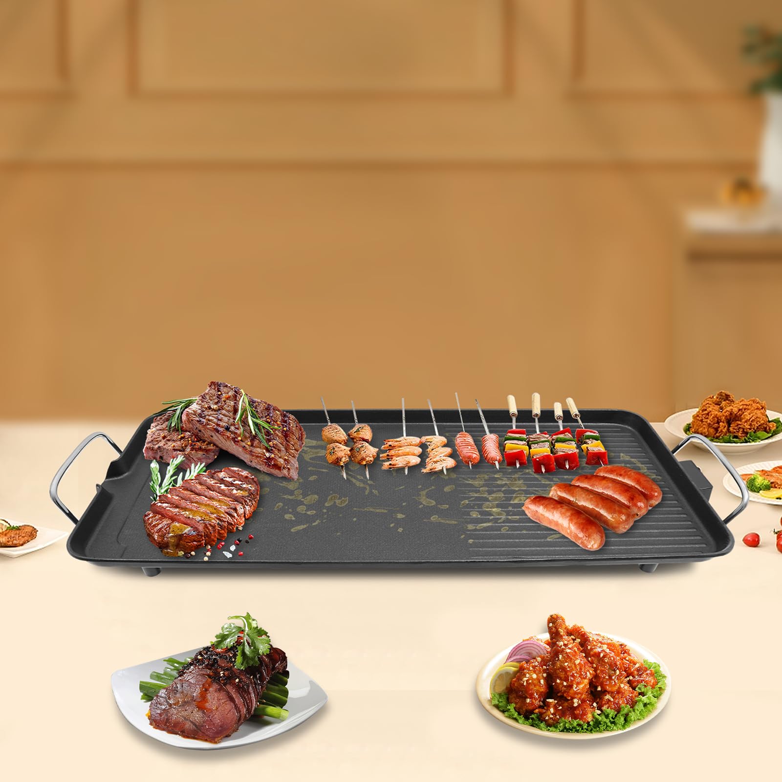 Griglia elettrica da tavolo con 1500 W e 5 livelli di temperatura, piastra elettrica con rivestimento antiaderente, inclinabile, griglia raccogli grassi, 68 x 28 cm, per bistecca, carne, verdure