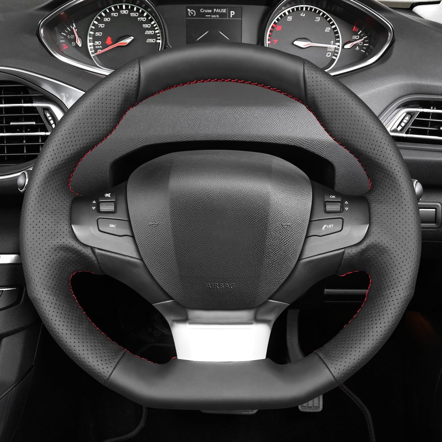 MEWANT Car Steering Wheel Covers for Peugeot 308 2013-2021/308 SW 2014-2021 Hand-Stitched Microfiber Leather Car Steering Wheel Wrap