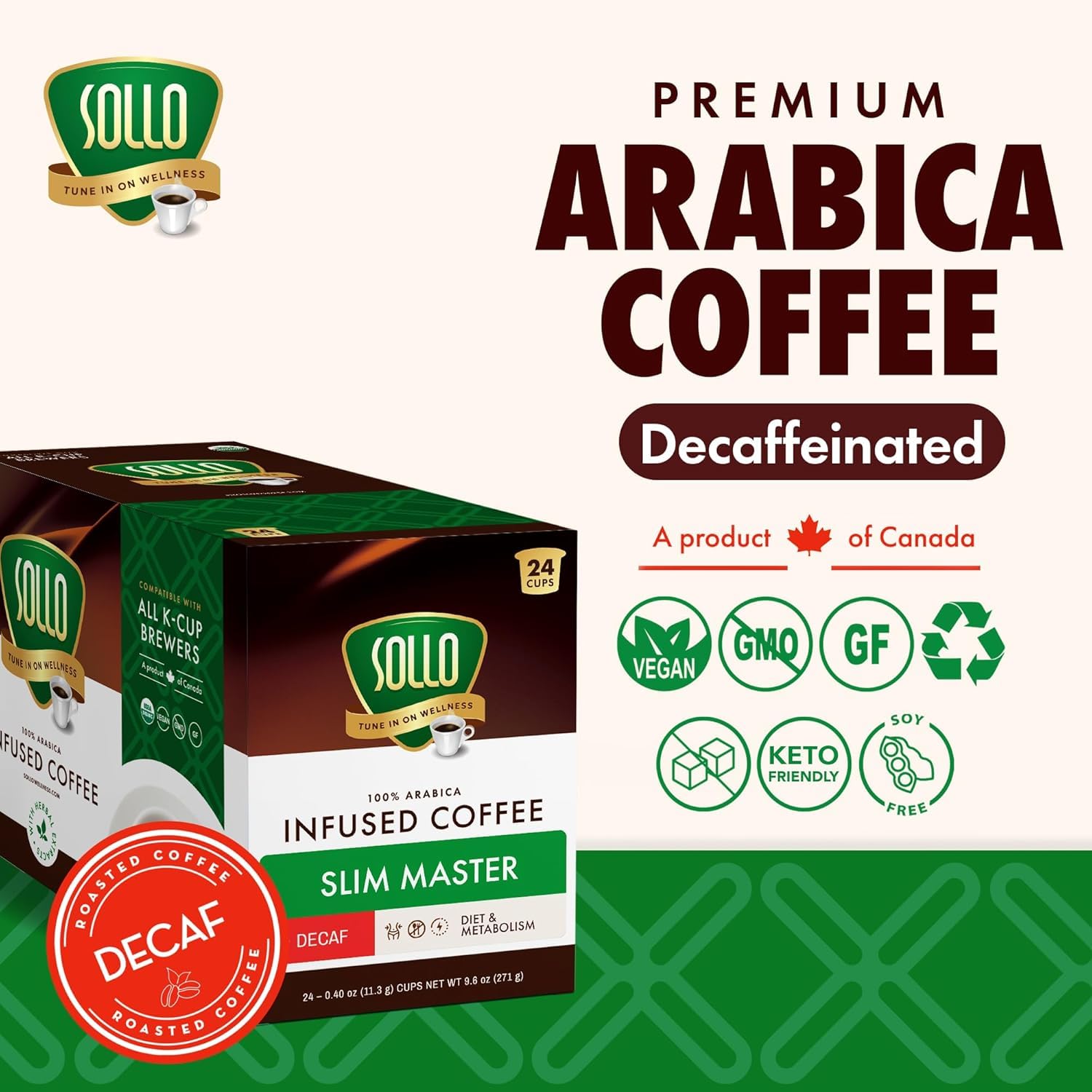 SOLLO Slim Decafenated Coffee Pods, Diet Support, Weight Loss with Garcinia, Vitamins and Green Coffee Bean Extract, Compatible w/Keurig K-Cup Brewers, Decaf 24 ct