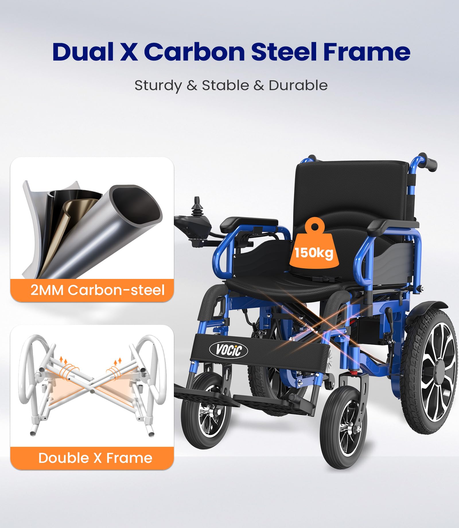 VOCIC V56 Silla de ruedas electrica plegable ligera 150KG,30KM silla ruedas electrico estable con neumáticos de goma 40CM para todos los terrenos,Aprobado por la aerolínea,Garantía de 5 años (Azul)