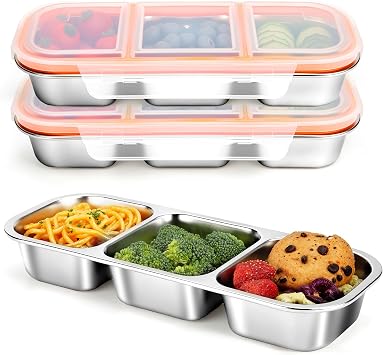 Stainless Steel Snack Containers, Reusable Snack Containers with Lids Stainless Steel Lunch Box with 3 Compartment Divided Food Storage for Home Work Travel Outdoor Camping Orange 3 Pack