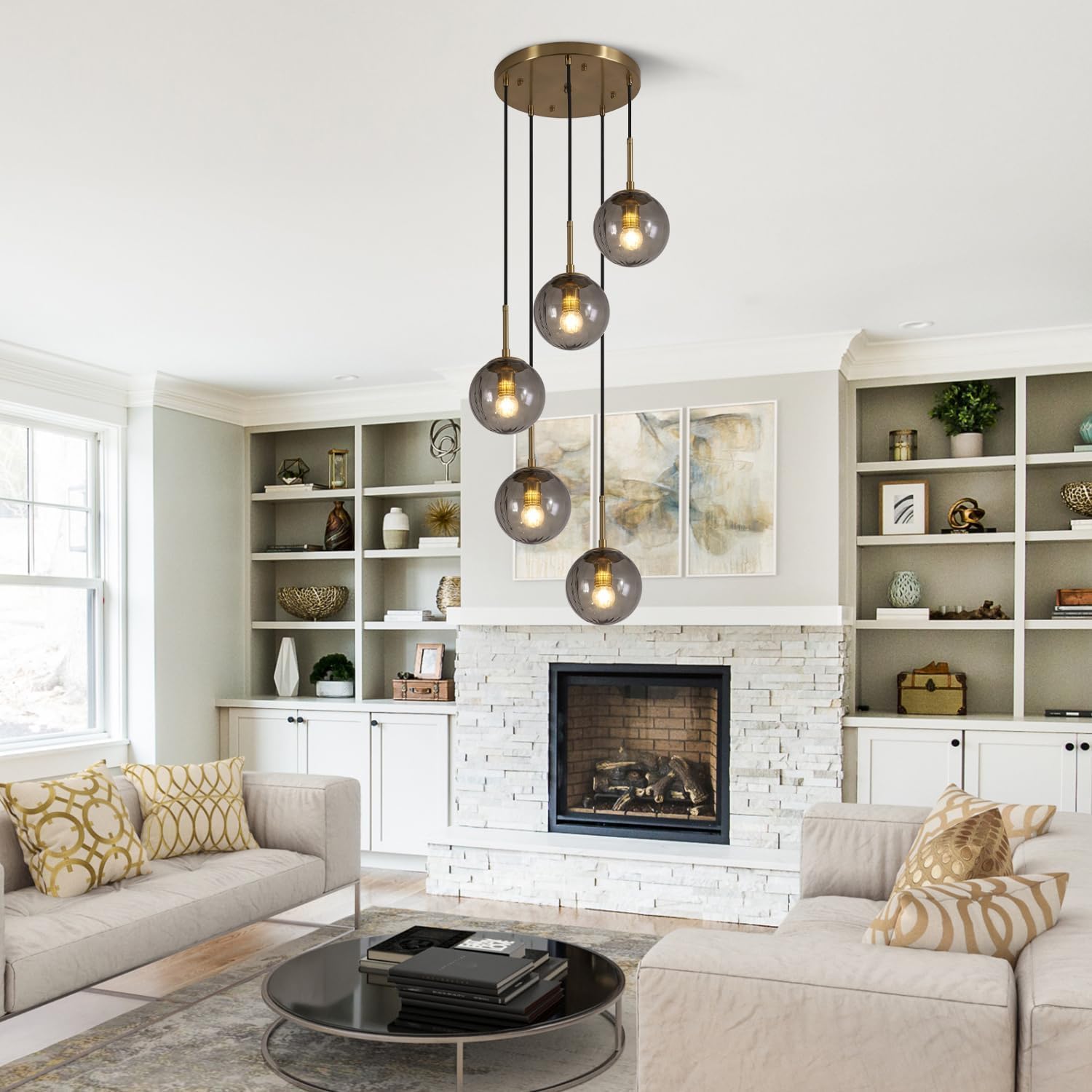 KCO Lighting 5 Light Cluster Pendant Lighting Smoke Glass Globe Chandelier Multi Pendant Light Fixture Gold Cluster Pendant Light Modern Staircase Chandelier