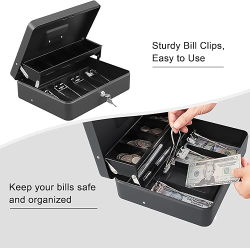 Miniatura 6 de xydled Caja de efectivo con bandeja de dinero y cerradura de llave, caja de seguridad con bandeja para efectivo, caja de seguridad con llave,