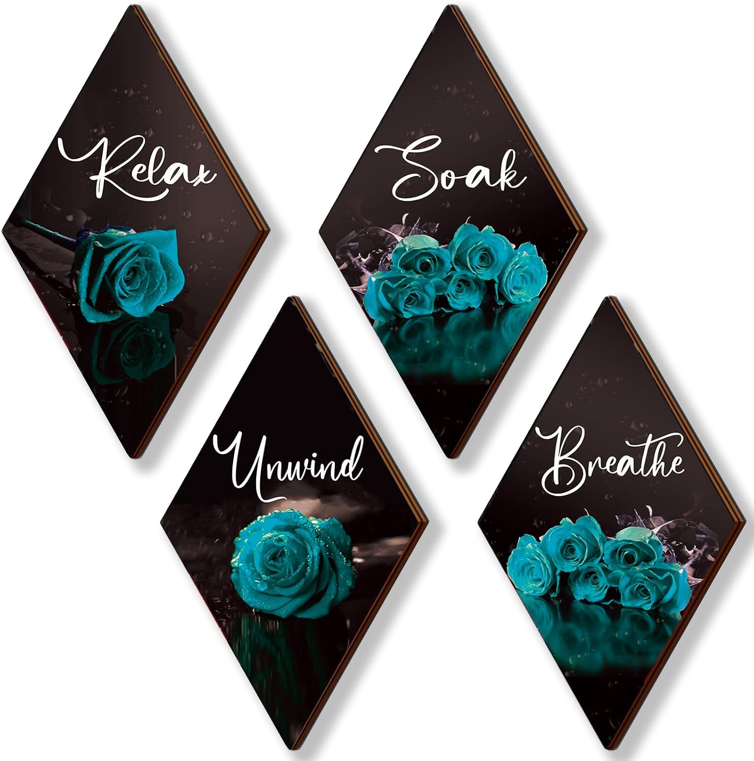 ONIZHITY Set of 4 Rose Wooden Wall Decor - Turquoise & Teal Bathroom & Office Signs (12 x 7) - Breathe, Soak, Unwind, Relax