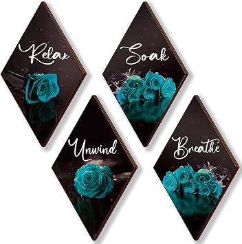 ONIZHITY Set of 4 Rose Wooden Wall Decor - Turquoise & Teal Bathroom & Office Signs 12 x 7 - Breathe, Soak, Unwind, Relax