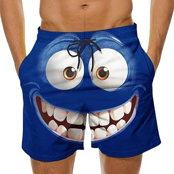 3D Cartoon Smile Face Swim Shorts for Men Elastic Waist Drawstring Summer Short Pants Funny Beach Vacation Outfit