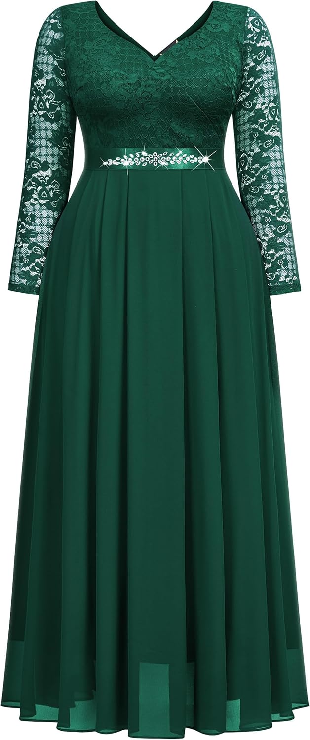 MISSMAY Women's Plus Size Floral Lace V Neck Rhinestone Ribbon Waist Chiffon Formal Bridemaid Maxi Dress - Image 5