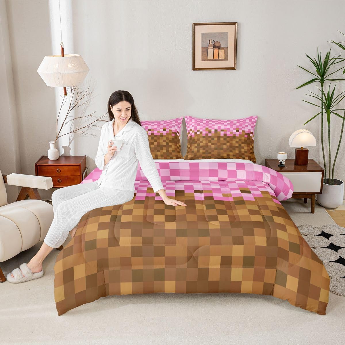 Manfei Pixelated Grid Kids Comforter Set Twin Size,Miners Building Bedding Set for Teens Adults Bedroom Decor,Cartoon Gamepad Duvet Insert,Brown Pink Quilted Duvet Set with 1 Pillowcase image 4