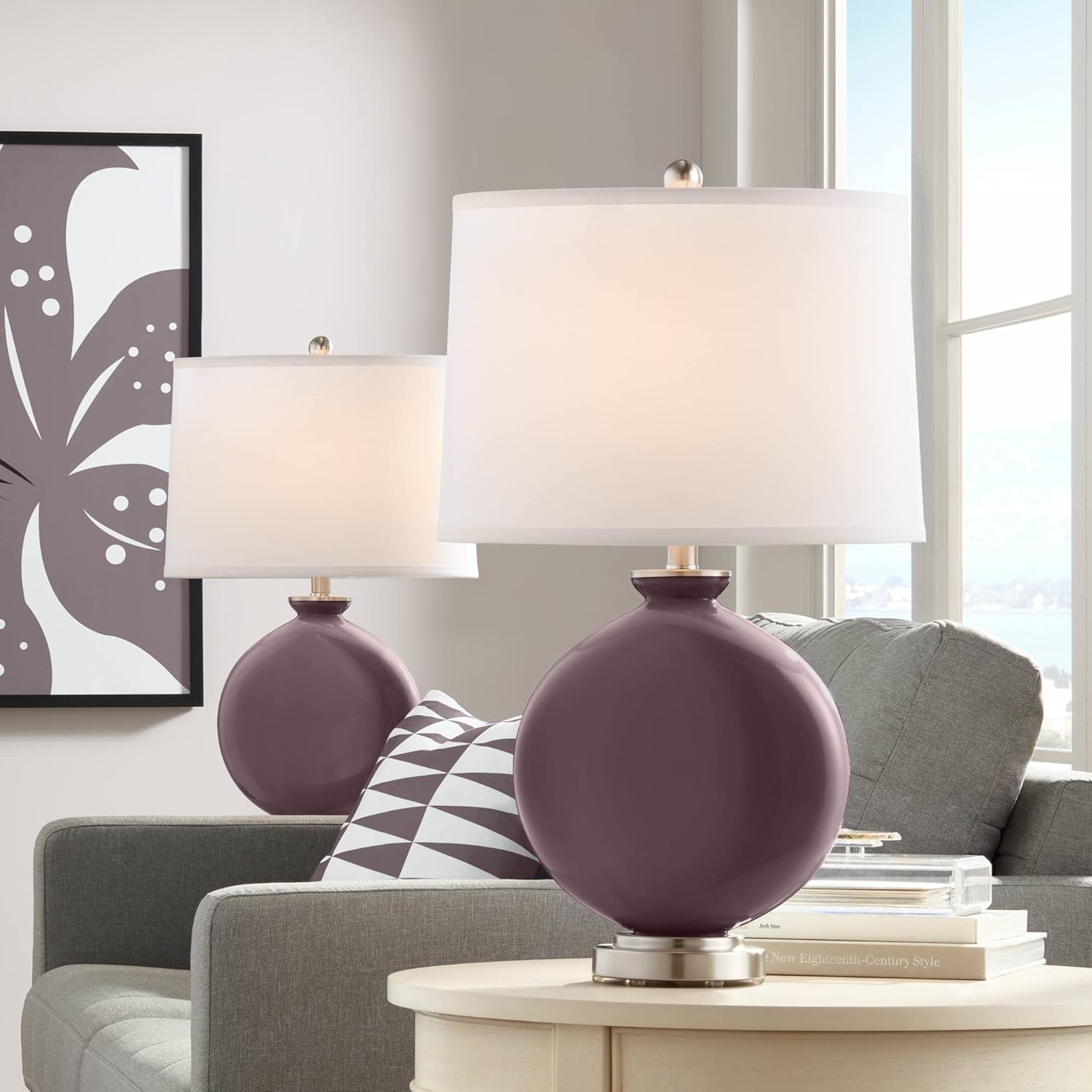 Color + Plus Carrie 26 1/2" Tall Round Modern Table Lamps Set of 2 Poetry Plum Purple Finish Glass Fabric White Shade Living Room Bedroom Bedside Nightstand House Office Family Reading Kitchen