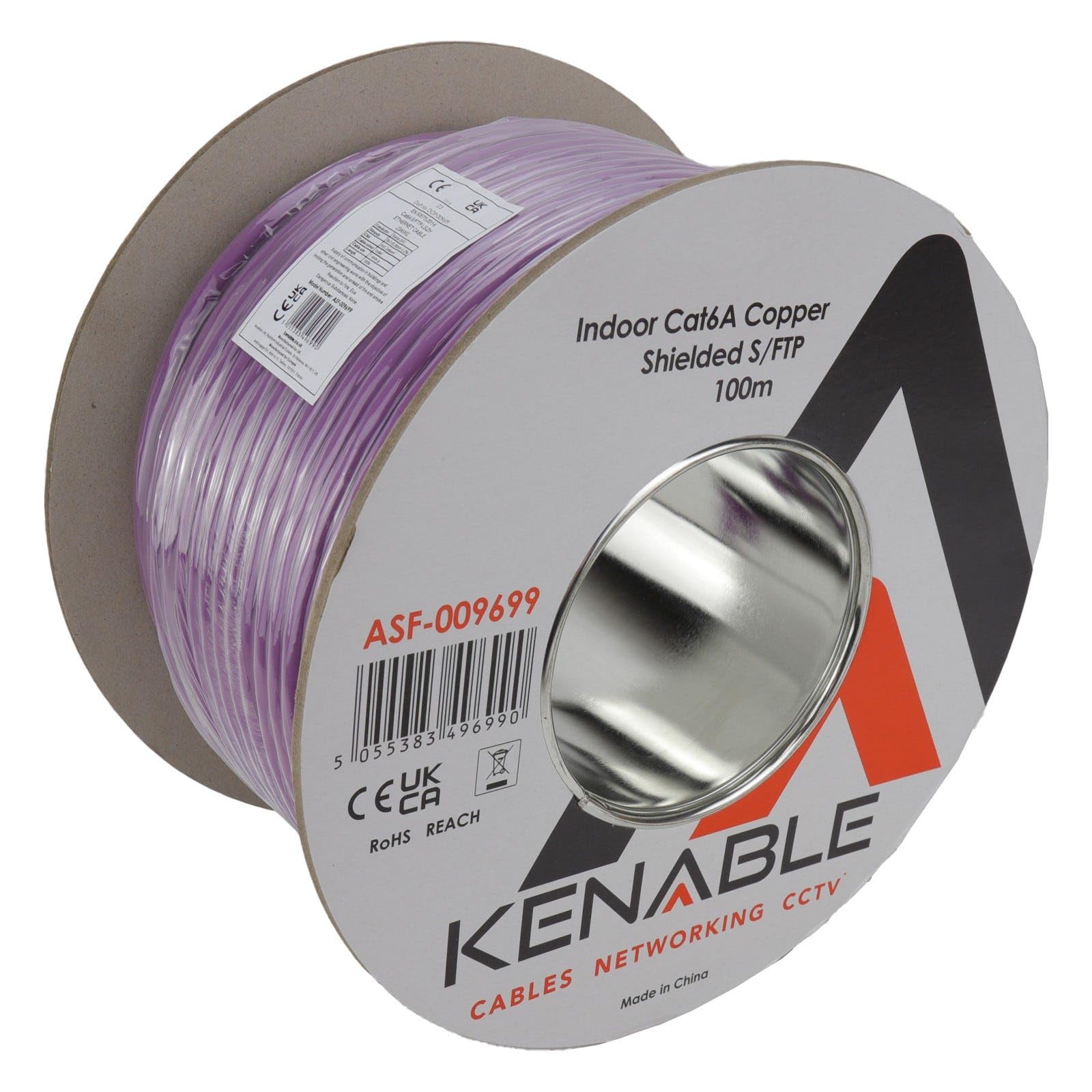 kenable Cable de Red Cat6A S/FTP Cobre Puro LSZH Libre de Humos 10 Gigabit Ethernet Bobina 100 m [100 metros/100m] Morado