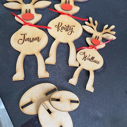 Miniatura 6 de Adornos de Navidad personalizados, adorno de mesa de madera de reno independiente, letrero de madera personalizado, nombre de miembro de la familia,