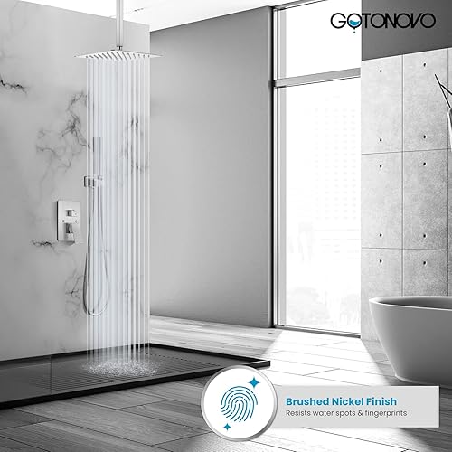 Miniatura 2 de gotonovo Juego de grifo de ducha de montaje en techo, cabezal de ducha cuadrado de 12 pulgadas, sistema de ducha de lluvia de níquel cepillado,