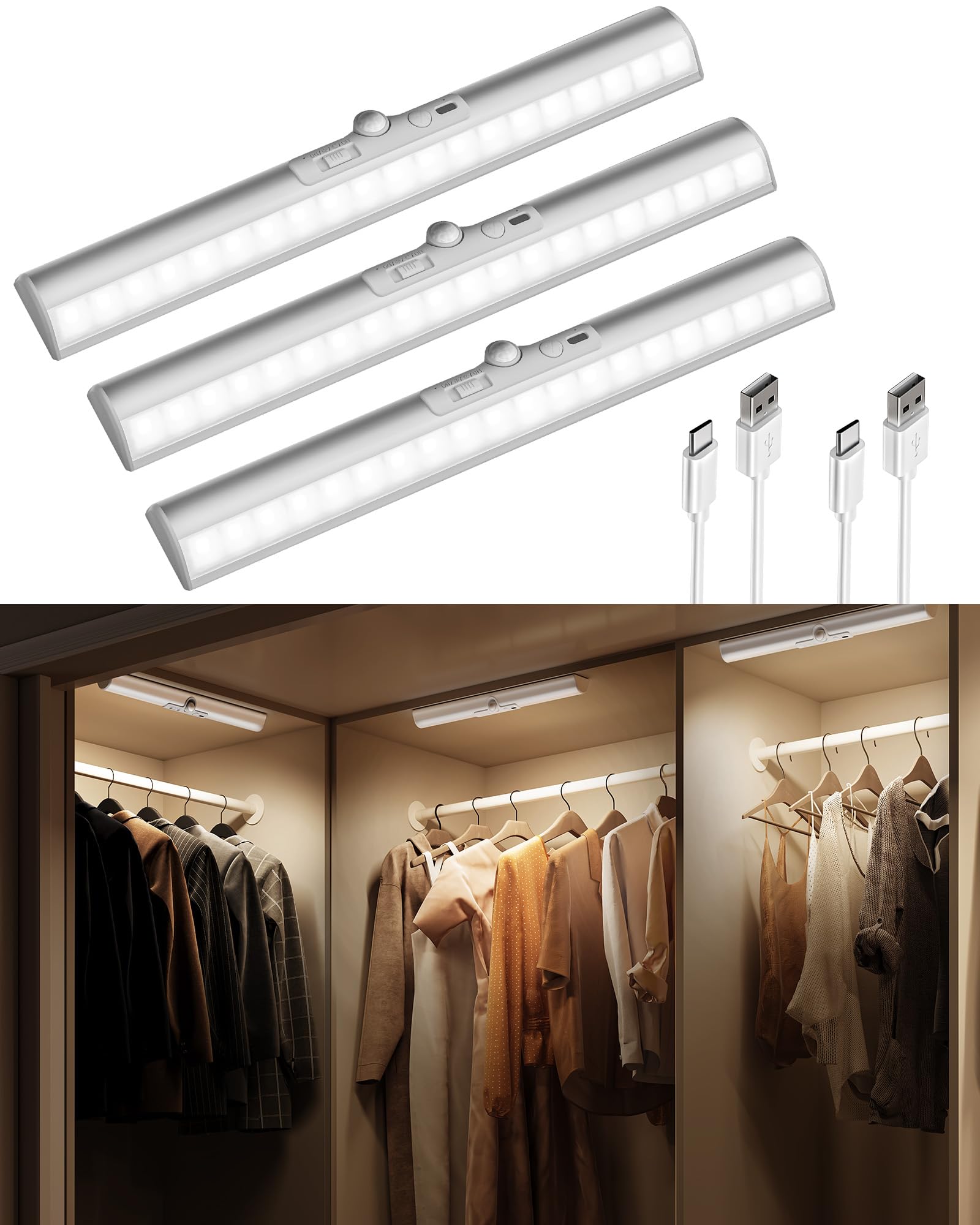 EZVALO 33cm Kleiderschrank Beleuchtung Kabellos mit Bewegungssensor, 1800mAh Wiederaufladbar Led Schrankbeleuchtung, 3 Lichtfarben & Dimmbare für Badezimmer, Spiegel, Garderobe, 1 pack