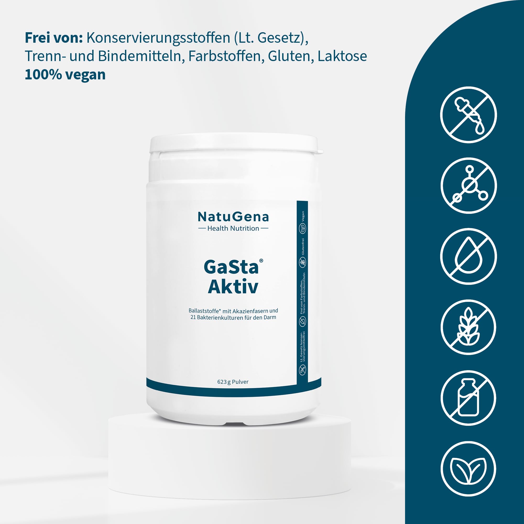 NatuGena GaSta Aktiv, glutenfreie Ballaststoffe (Akazienfaser),Flohsamenschalen, Leinsamen, Bakterien, Vitamine & Mineralstoffe, 623 g Pulver (1 Monats Packung)