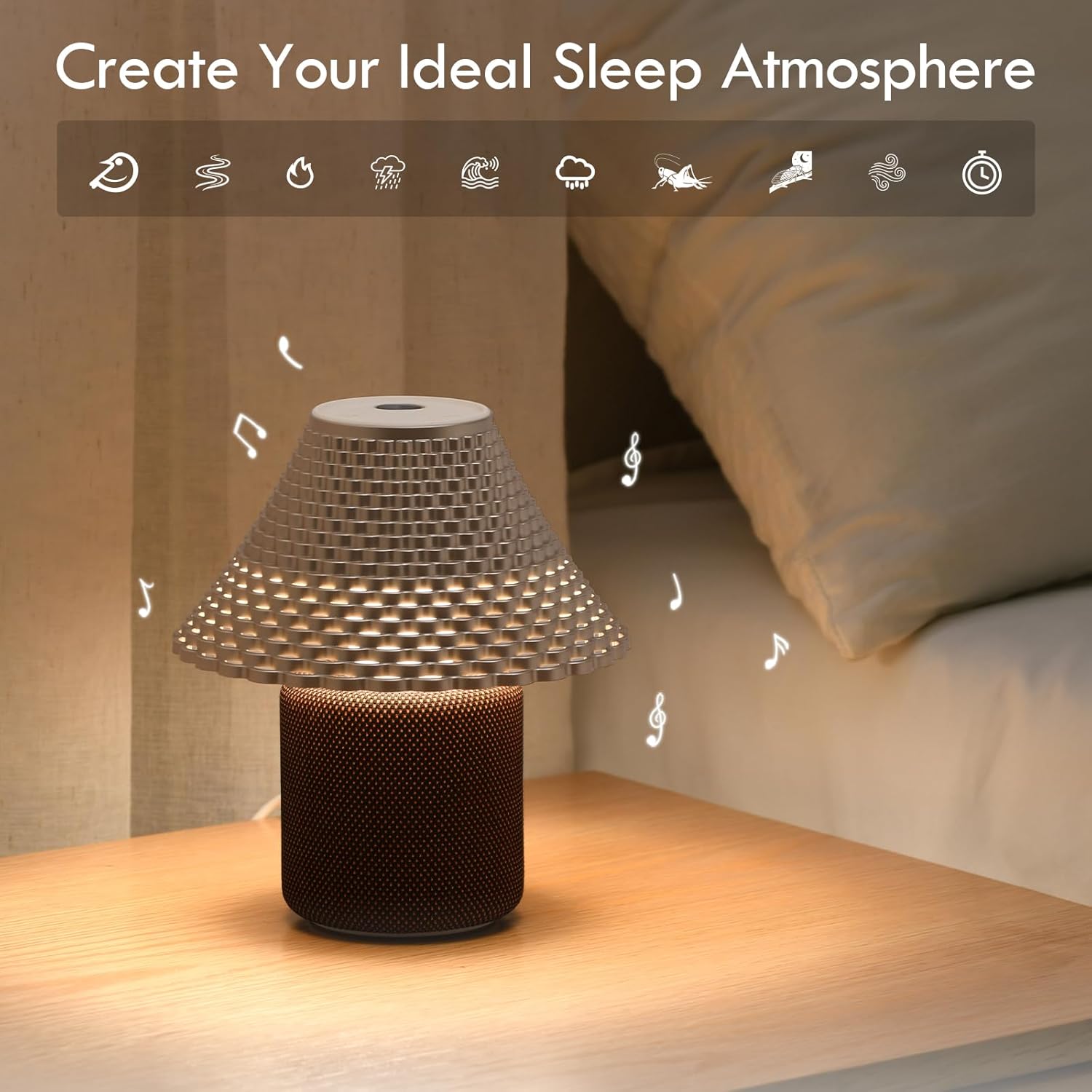 Bedside Table Lamp with White Noise Machine - 10 Soothing Sounds, Gesture Control Sensor & Dimmable Night Light - 30/60/90 Min Auto-Off Timer for Sleep, Nursery, Office & Home Decor- Gold