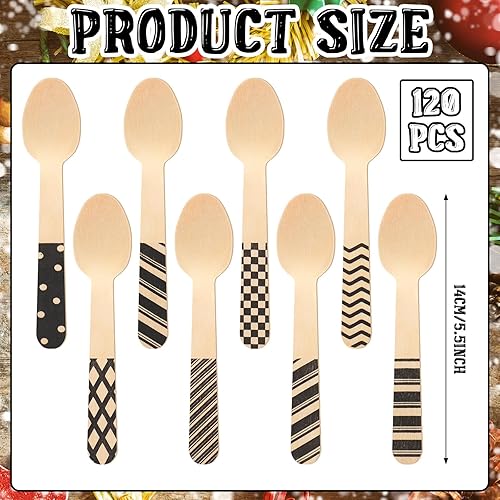 Miniatura 9 de Uiifan 120 cucharas de madera desechables de Navidad de 5.5 pulgadas, cucharas a rayas con rayas rojas, patrones de bastón de caramelo para degustar