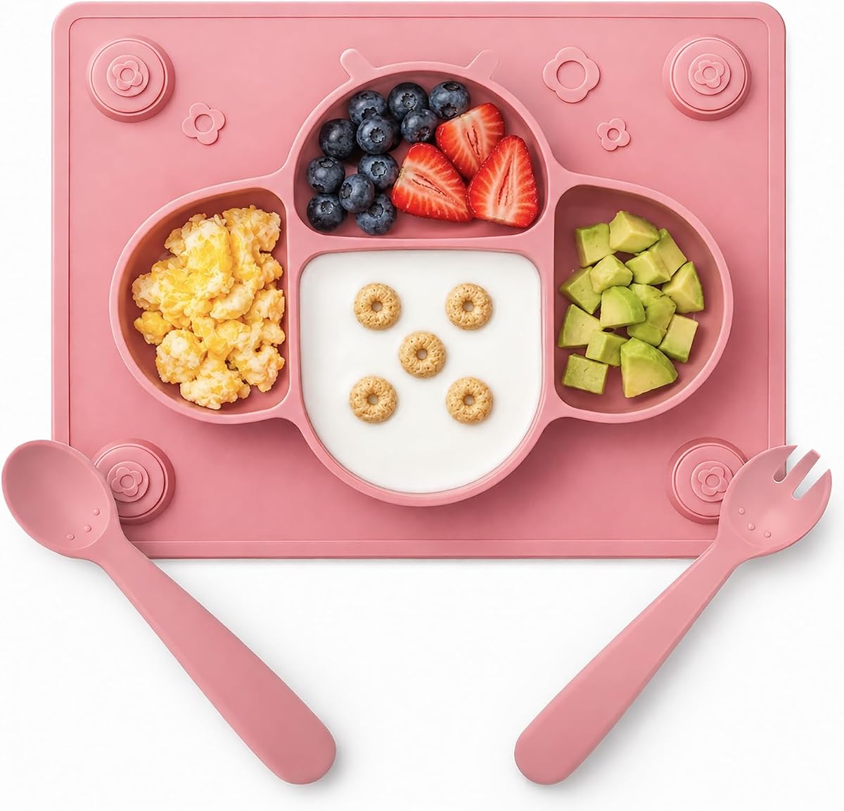 Suction Plates for Baby Placemat Spoon Fork Set for Toddlers, Silicone Baby Plates with Suction Baby Dishes for Kids Plates-pale mauve