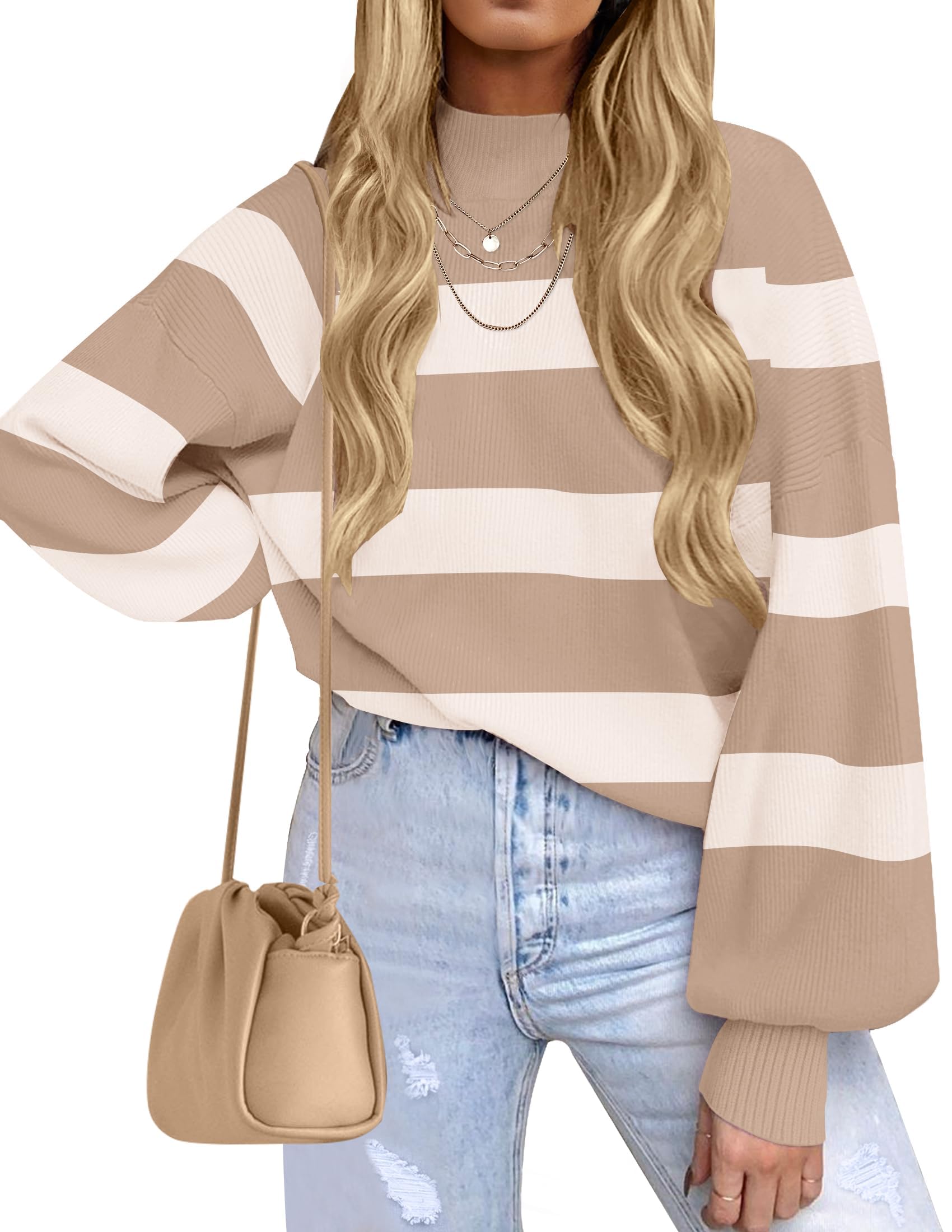ZESICA Women's 2026 Fall Striped Pullover Sweaters Tops Fashion Outfits | Checkered, Mock Neck, Oversized, Trendy Casual Loose Fit, Cute, Chunky Cozy Holiday Winter Clothes