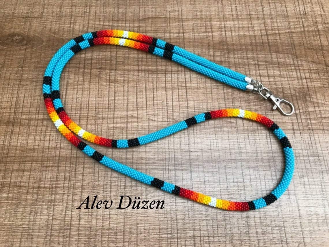 Blue bead crochet Native Design Bead Crochet Lanyard, Handmade Teacher gift