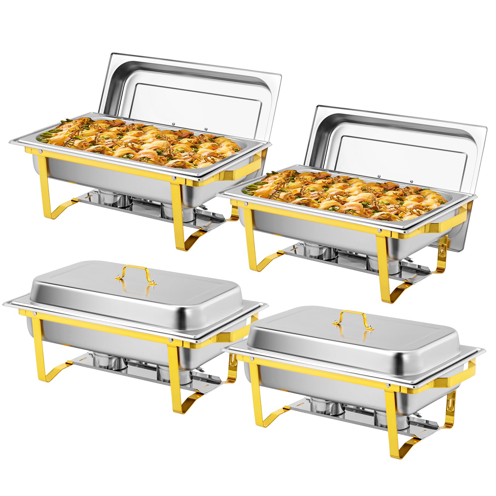 Bonnlo Chafing Dish Buffet Set, 4 Pack 9L Stainless Steel Warming Containers, Food Warmer Buffet Server for Dinner, Parties, Camping - Silver and Gold