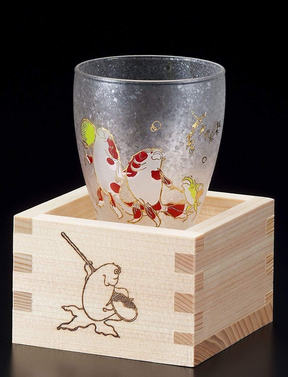 Aderia Japan Edo Neko (cat) MasuZake Glass (Japanese Sake Glass) w/Masu Box Cute Cats Gold Fish 6783